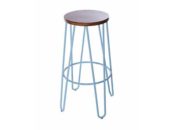 Hairpin Stool-–-Blue with Natural Wood Seat